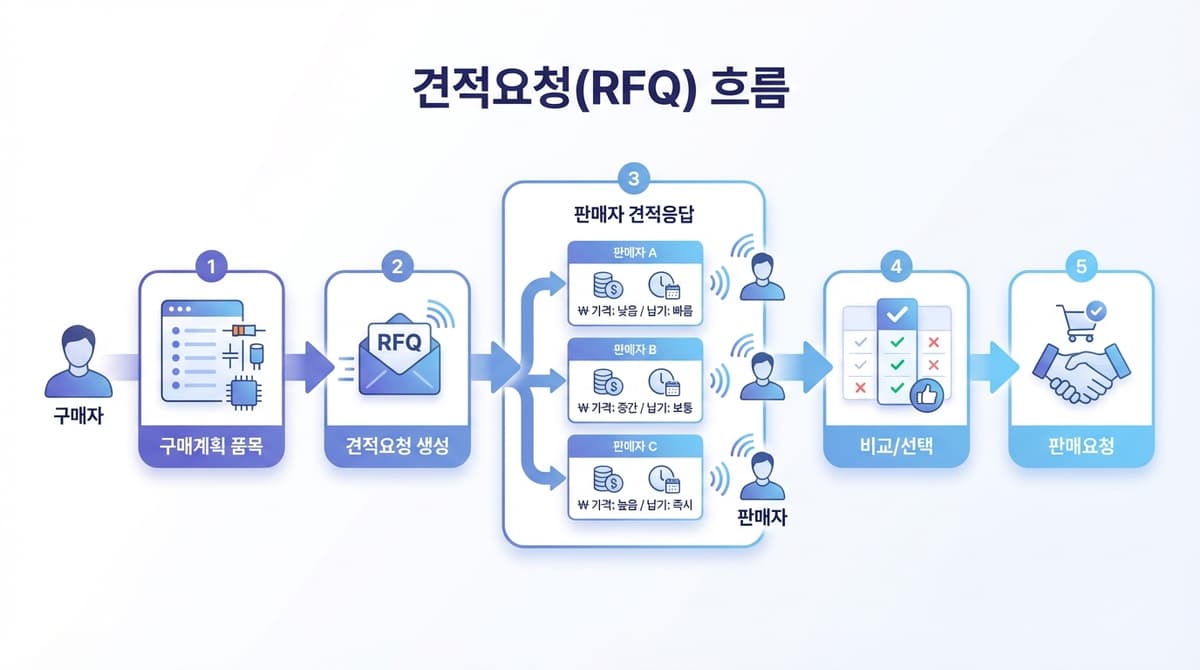 견적요청(RFQ) 흐름: 구매계획 품목 -> 견적요청 생성 -> 판매자 견적응답 -> 비교/선택 -> 판매요청