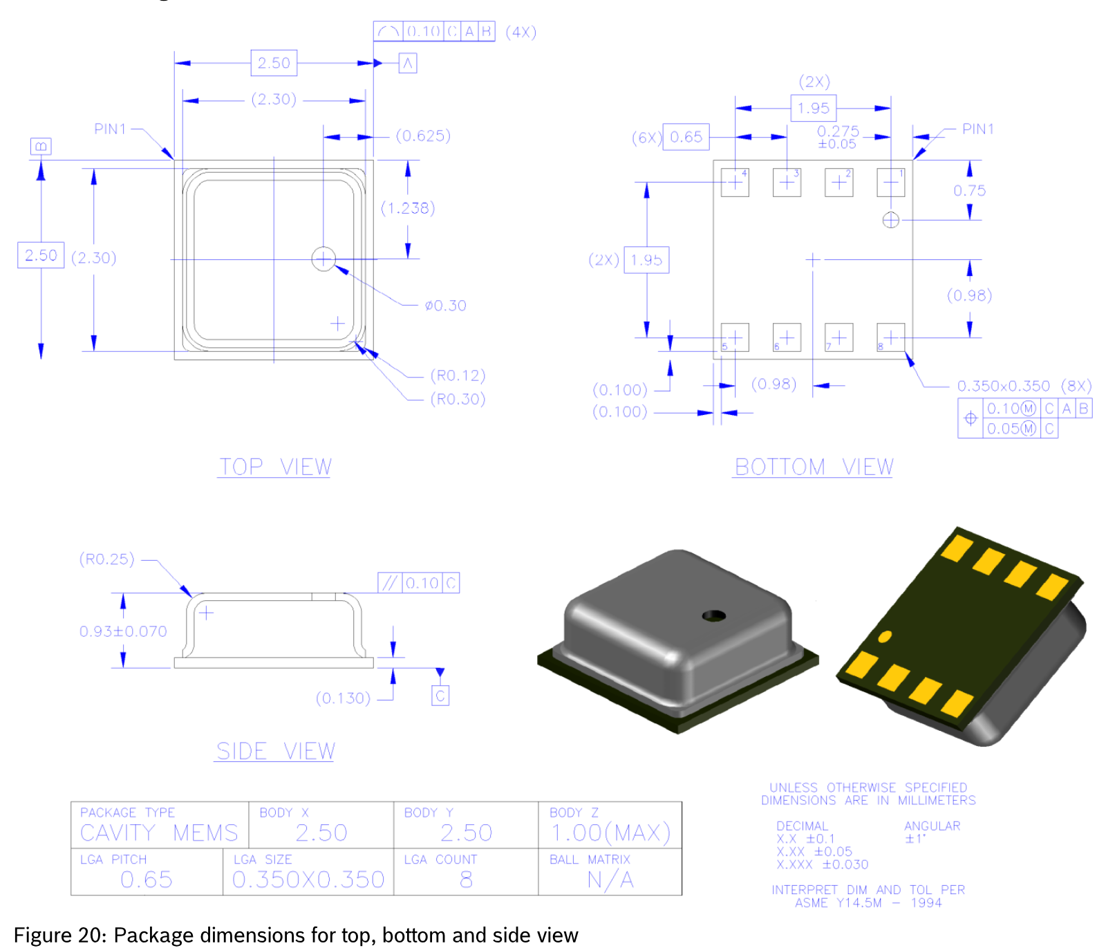 BME280 datasheet page 42, Figure 20 — top, bottom and side view package dimensions (2.50 × 2.50 mm, 8-pin LGA)