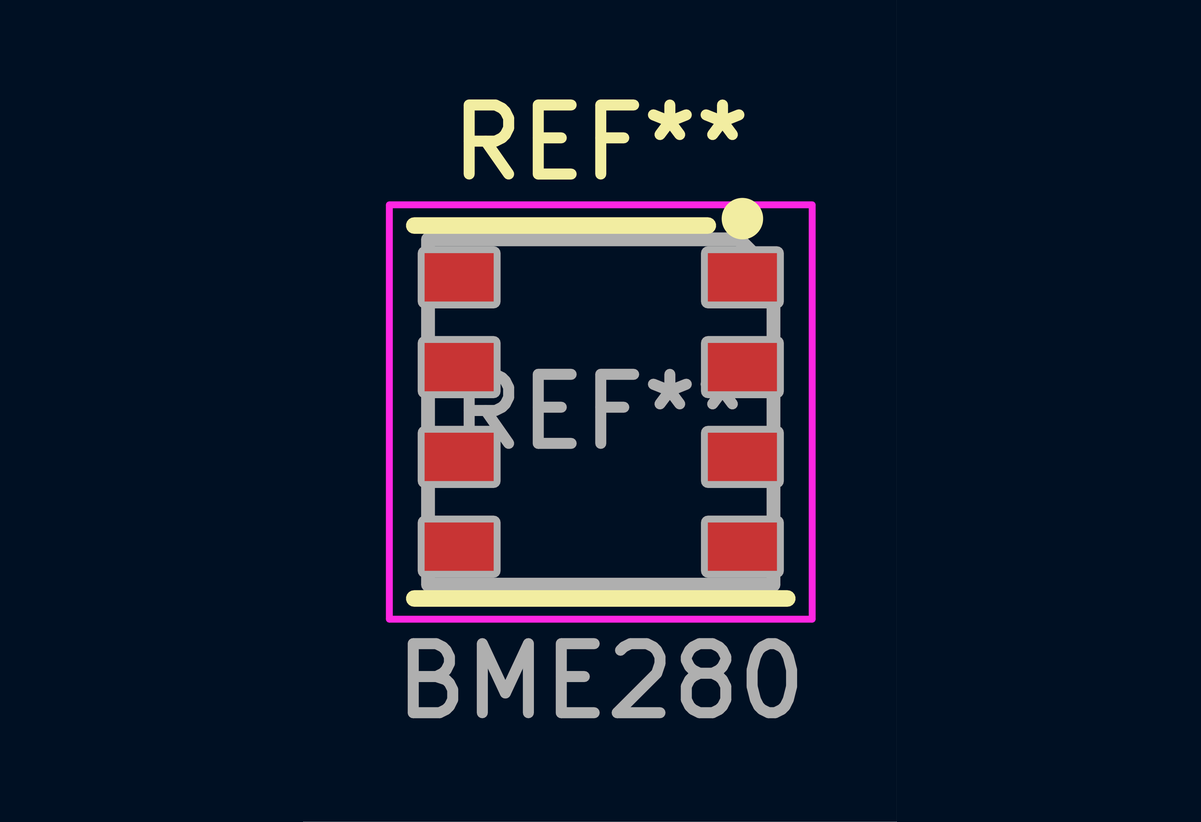 Der BME280-Footprint der KI im KiCad-Footprint-Editor — acht Pads, Bestückungsdruck-Umriss und Courtyard