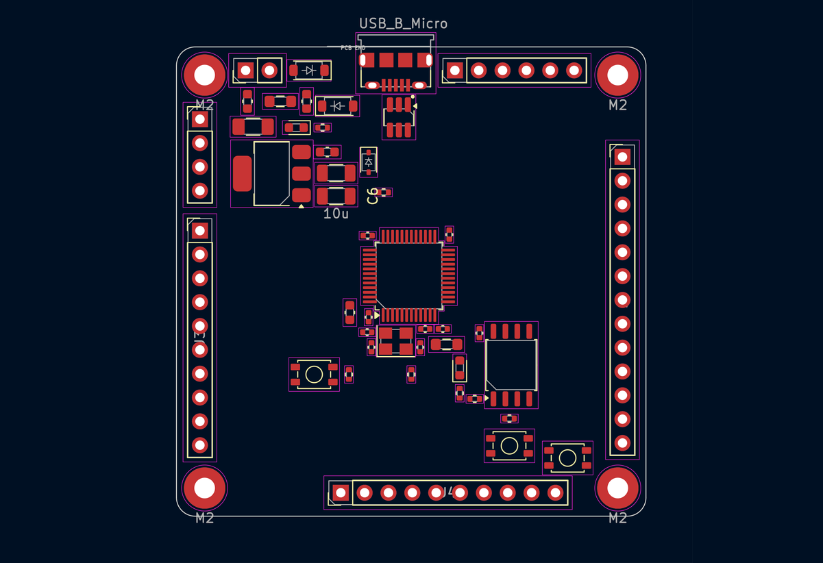 Die STM32-Entwicklungsplatine mit allen 49 von der KI platzierten Bauteilen im KiCad-PCB-Editor — Pads, Bauteilumrisse und Bestückungsdruck