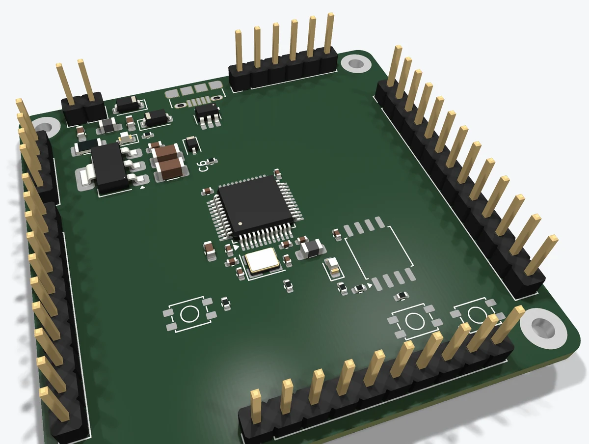 KiCad-3D-Ansicht der STM32-Entwicklungsplatine mit allen 49 von der KI platzierten Bauteilen — Stiftleisten, Mikrocontroller, Quarz und Leistungsbauteile