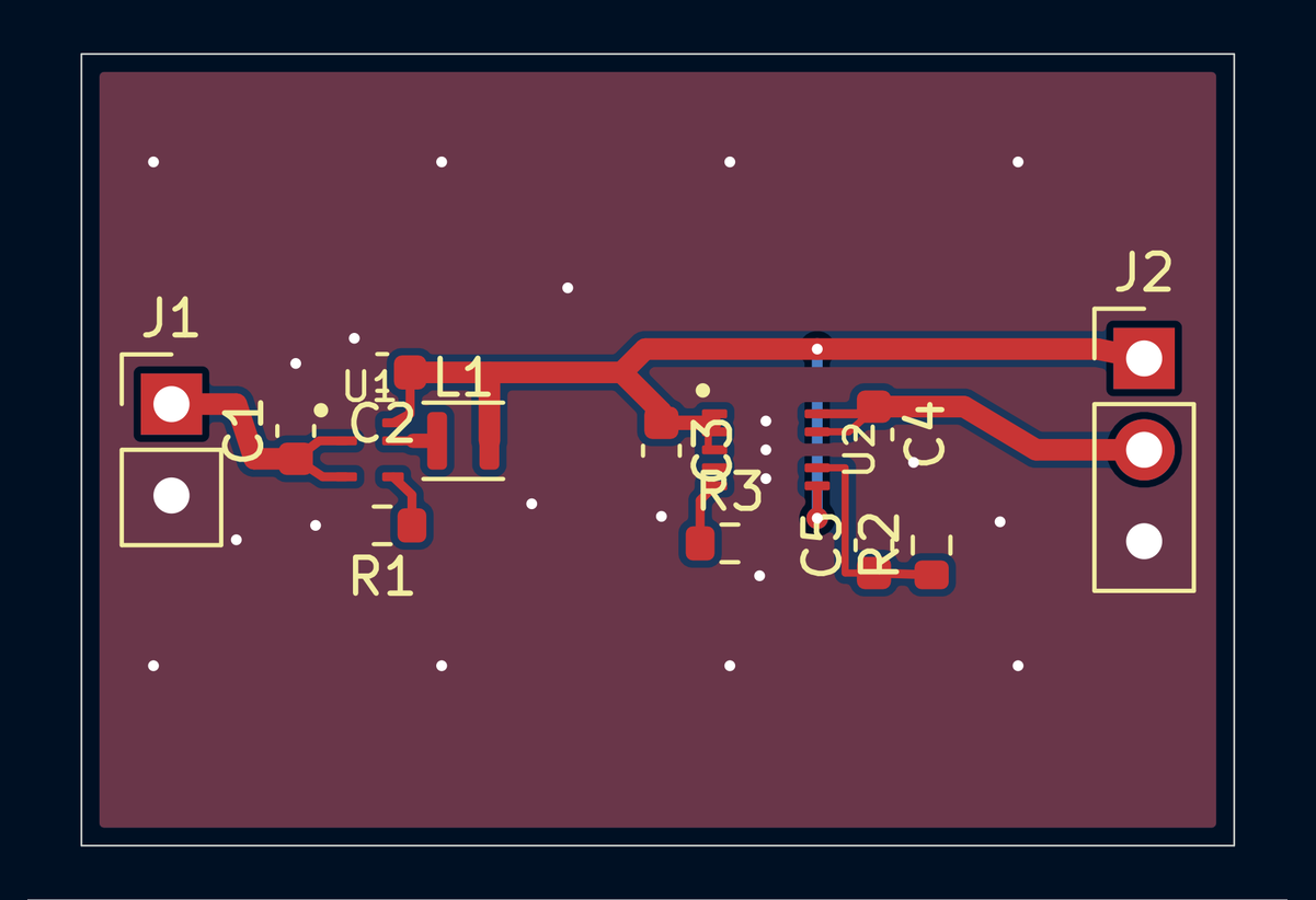 The two-layer board routed by the AI, drawn in the KiCad PCB editor — red front and blue back copper traces, ground pour and reference designators