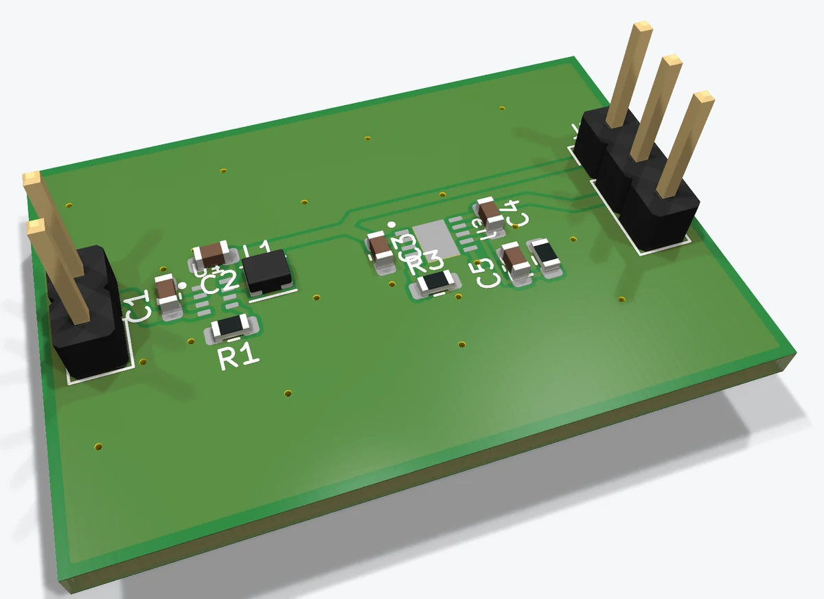 Oberseite der von der KI gerouteten zweilagigen Platine in der 3D-Ansicht von KiCad — Steckverbinder J1 und J2, Regler U1 und U2, Kondensatoren, Widerstände und Leiterbahnen