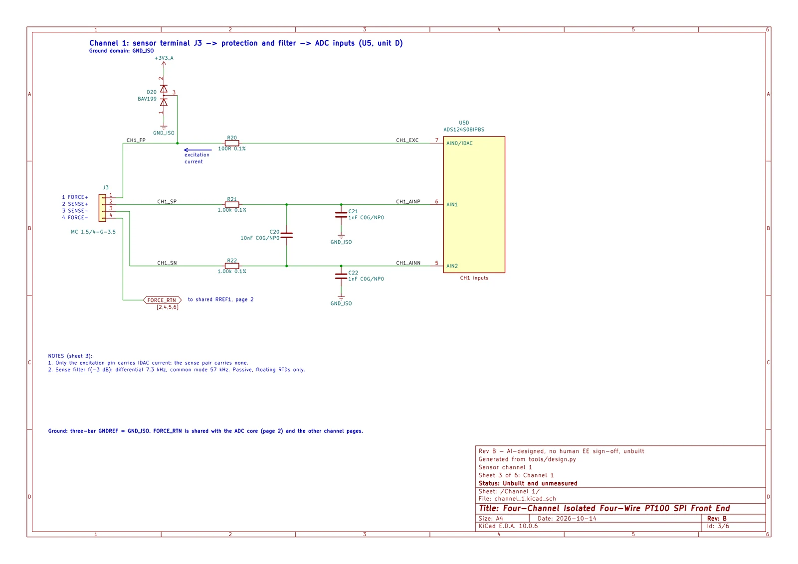 Schematic sheet 3 (channel 1) of the same board — sensor terminal, protection, filter and ADC inputs on one page